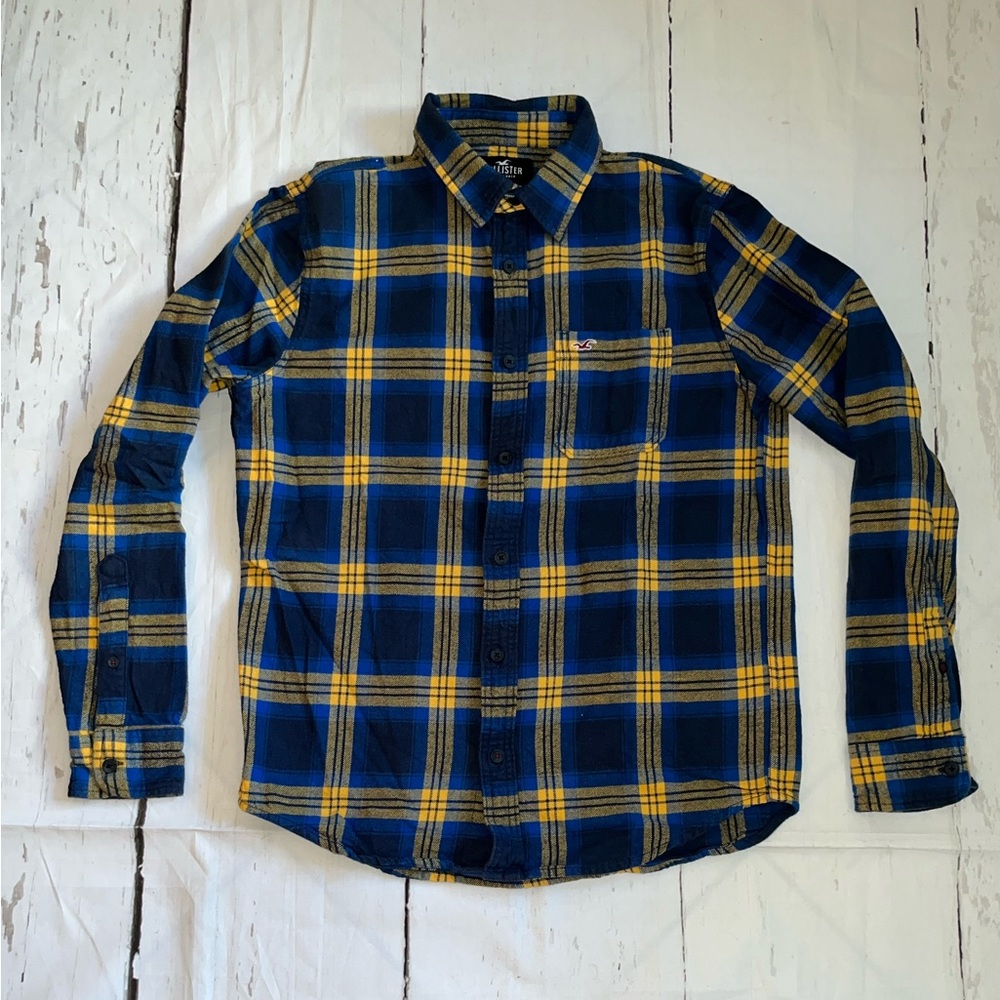 Hollister Men's Blue Yellow Flannel Shirt Medium Shacket 100% Cotton